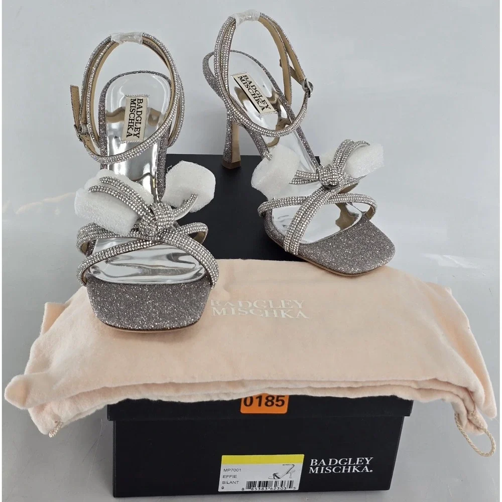 Badgley Mischka Effie Bow Stiletto Heel Sandals Women's Silver Antique Sz 9 NIB